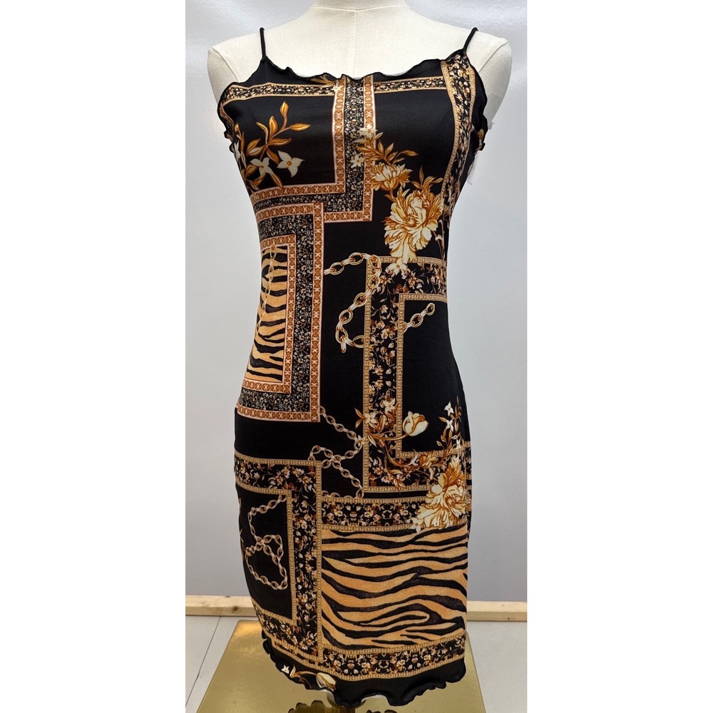 Y2K Chain Animal Print Bodycon Dress XS Spaghetti Strap Cami Mini NWT